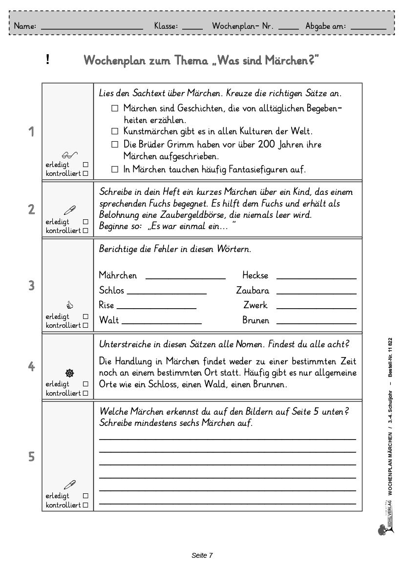 Wochenplan Märchen / Klasse 3-4